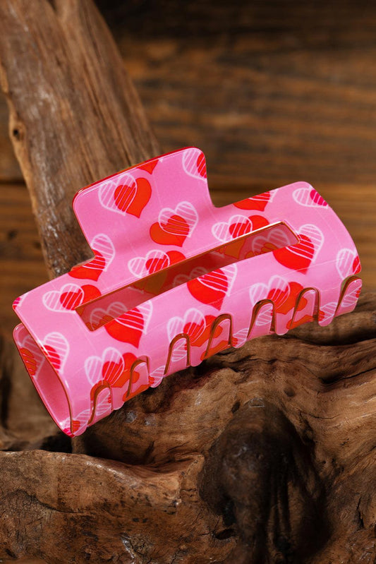 Pink Double Heart Printed Valentines Fashion Hair Claw