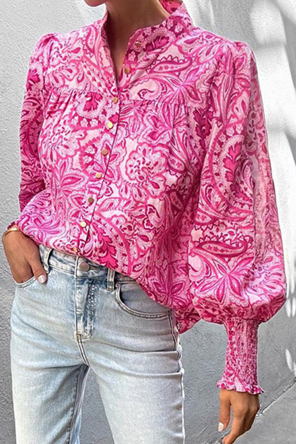 Rose Floral Print Bubble Smocked Sleeve Long Sleeve Blouse