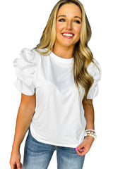 White Ruched Puff Sleeve Solid Color Blouse