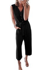 Black Buttoned Sleeveless Cropped Jumpsuit With Sash