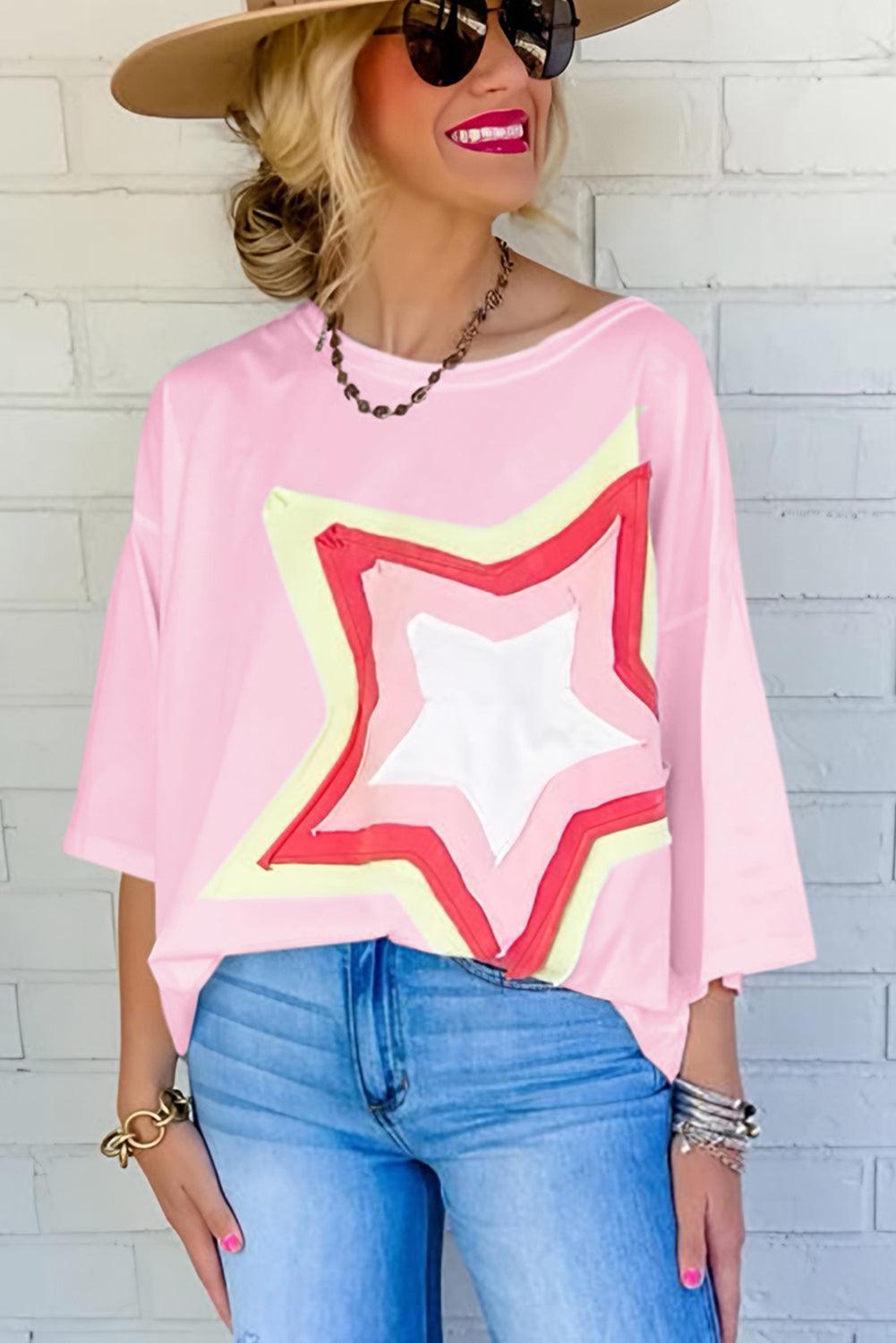 Light Pink Colorblock Star Patched Half Sleeve Oversized Tee - Ninonine