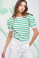 Green Stripe Puff Short Sleeve Contrast Trim T Shirt - Ninonine