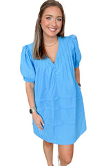 Blue Plain Pleated Button V Neck Puff Sleeve Mini Dress