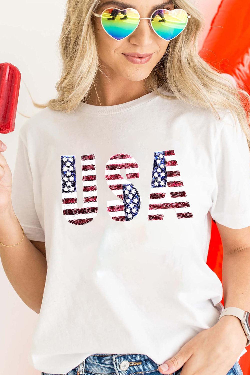 White USA Flag Sequin Graphic Patched Round Neck T Shirt - Ninonine