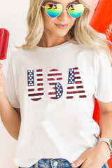 White USA Flag Sequin Graphic Patched Round Neck T Shirt - Ninonine