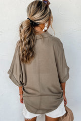 Taupe Collared Half Buttoned Dolman Sleeve Oversized Blouse