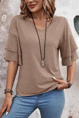 Dune Solid Color V Neck Double Layer Sleeve Loose T-Shirt
