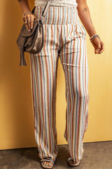 Stripe Print Shirred High Waist Straight Leg Pants