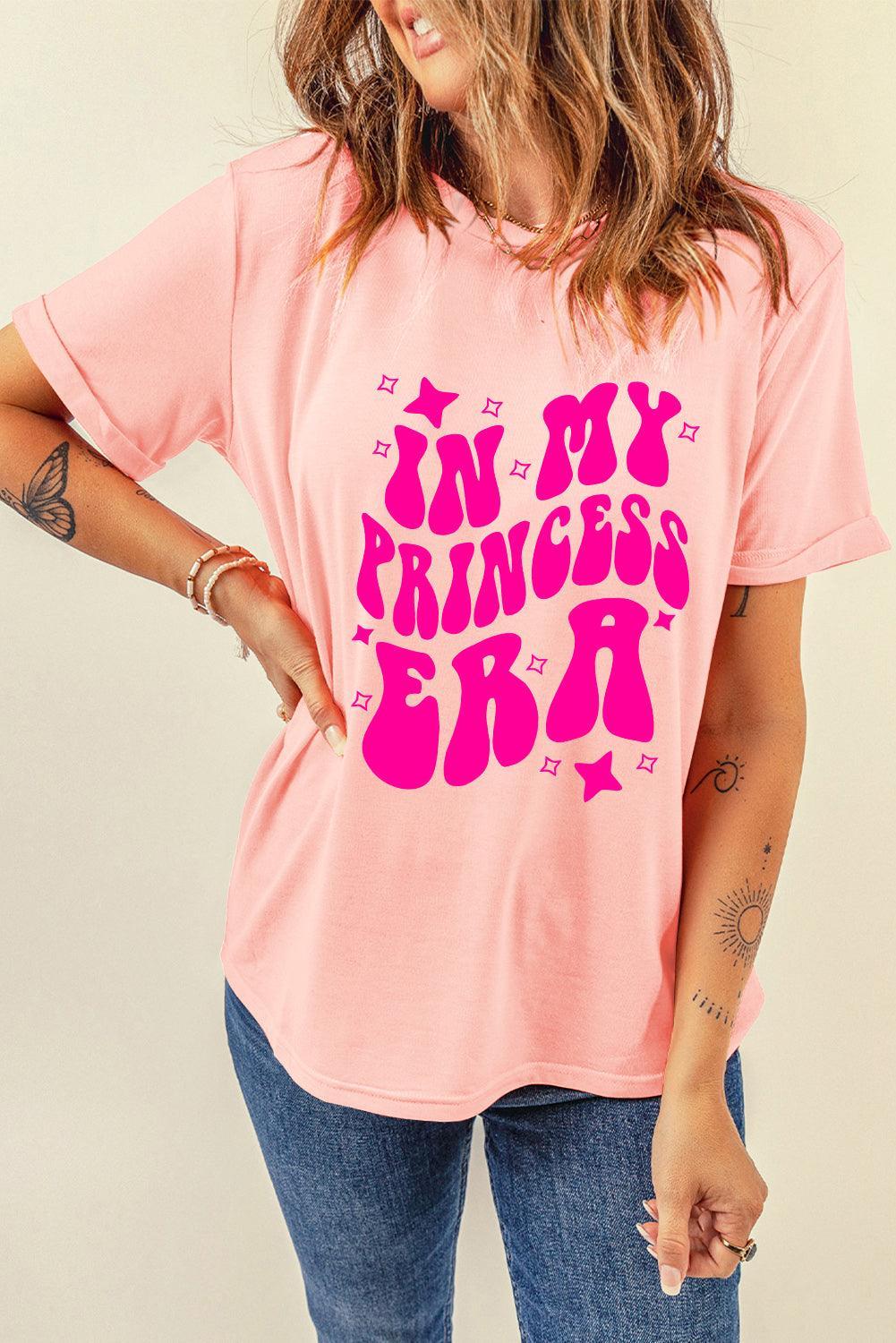 Pink IN MY PRINCESS ERA Letter Graphic Roll Up Sleeve Tee - Ninonine