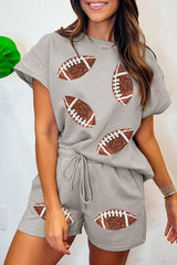 Gray Textured Sequin Rugby Graphic T Shirt and Shorts Set