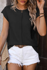 Black Solid Color Knitted Cap Sleeve Round Neck T Shirt