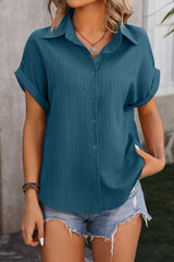 Real Teal Striped Texture Cuffed Short Sleeve Blouse