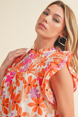 Orange Boho 60s Floral Print Ruffled Sleeve Smocked Shirt