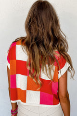 Fiery Red Checkered Color Block Cap Sleeve Knitted Top
