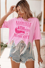 Pink NASHVILLE MUSIC CITY Graphic Sequin Fringed Hem Tee - Ninonine