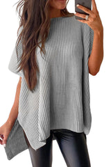 Gray Side Slit Short Dolman Sleeve Knitted Oversized Top