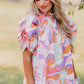 Pink Abstract Print Smocked Bubble Sleeve Blouse