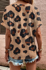 Light Beige Leopard Print Button V Neck T Shirt