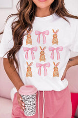 White Rabbit Bow Knot Graphic Crew Neck T Shirt - Ninonine