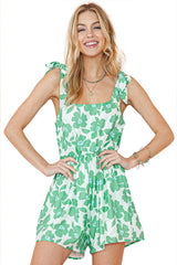 Green 60s Floral Print Knotted Strap Flared Romper