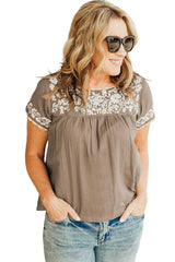 Grey Boho Floral Embroidered Short Sleeve Blouse for Women