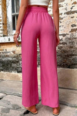 Rose Red Solid Color High Waisted Drawstring Loose Pants