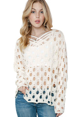 Beige Hollow Out Distressed Long Sleeve Pullover Sweater - Ninonine