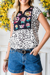 Black & White Animal Print Flower Embroidered Tunic Short Sleeve Top