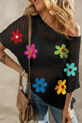 Black Hollowed Crochet Colorful Flower Loose Knit T Shirt