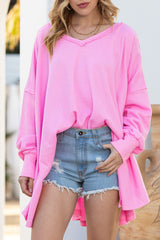 Pink Waffle Textured V-Neck Oversized Top
