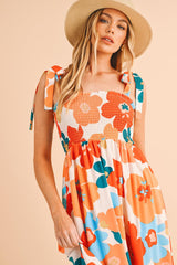 Orange 60s Floral Printed Shoulder Tie Smocked Maxi Dress