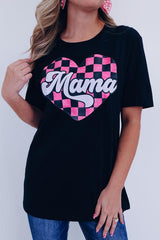 Black Crewneck Mama Checkered Heart Print Graphic T Shirt - Ninonine