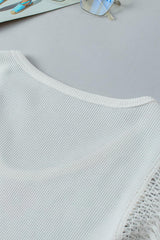 White Boho Floral Print Fringe Shoulder Sleeveless Shirt