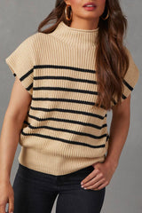 Wholesale Parchment Striped Knit Mock Neck Short Sleeve Sweater