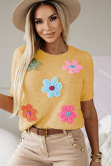 Yellow Cream Cute Flower Pattern Knitted Top