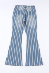Sky Blue Vertical Striped Ripped Flare Jeans