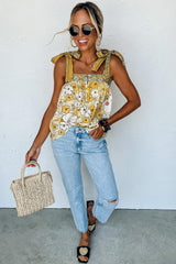 Yellow Floral Patchwork Boho Knot Straps Top - Ninonine