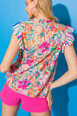 Multicolor Abstract Print Striped Ruffled Blouse