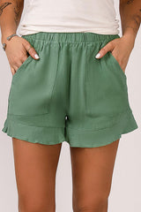 Green Casual High Waist Pocketed Ruffle Shorts