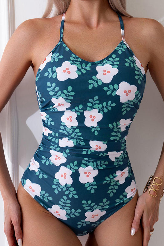 Green Floral Print Thin Straps Open Back One Piece Swimsuit
