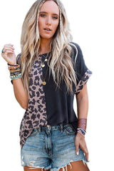 Black Leopard Print Color Block Rolled Up Sleeve Casual T Shirt
