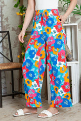 Multicolor Floral Abstract Print Drawstring Wide Waistband Pants