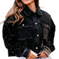 Black Sequin Sleeve Pocketed Raw Hem Denim Jacket