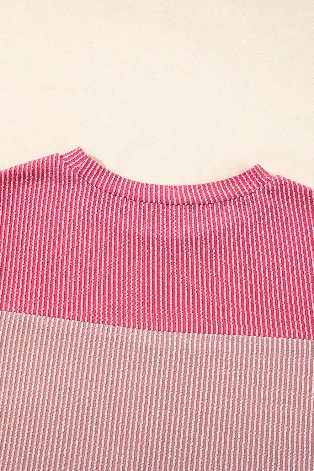 Pink Rib Textured Colorblock T Shirt - Ninonine