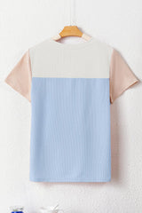 Light Blue Rib Textured Colorblock Round Neck T Shirt