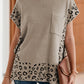 Smoke Gray Leopard Splicing Side Slit Short Sleeve Sweater