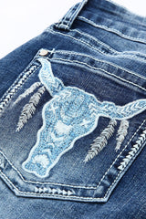 Light Blue Casual Embroidered Animal Straight Leg Jeans