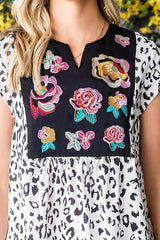 Black & White Animal Print Flower Embroidered Tunic Short Sleeve Top