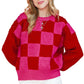 Multicolor Checkered Pattern Pompom Heart Knitted Sweater