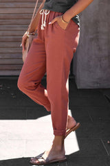 Red Solid Color Drawstring High Waisted Pants with Pockets